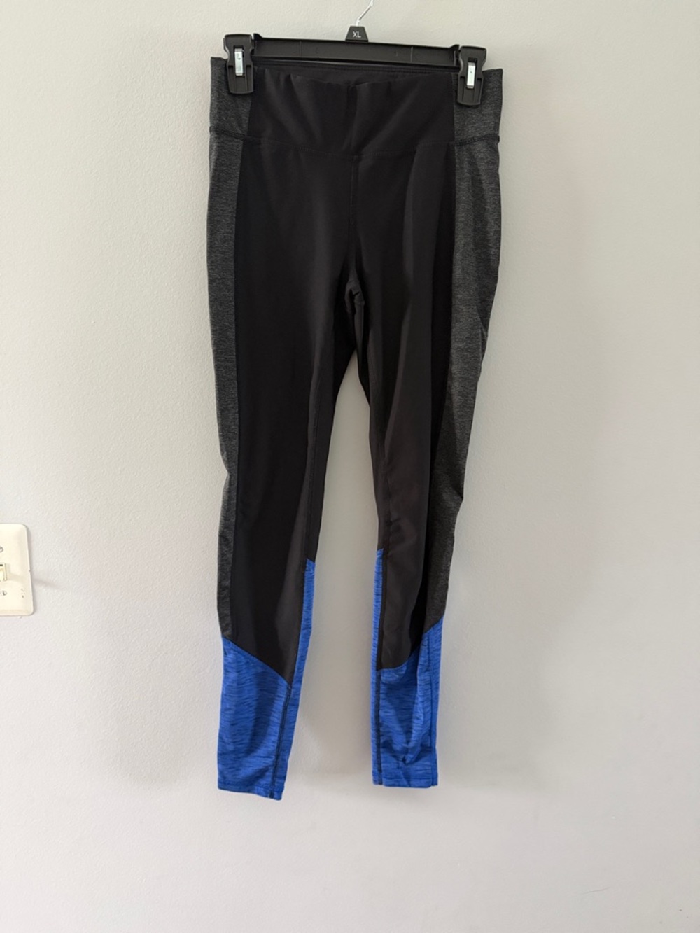 Xersion Black Gray Leggings with Blue Hem Panels